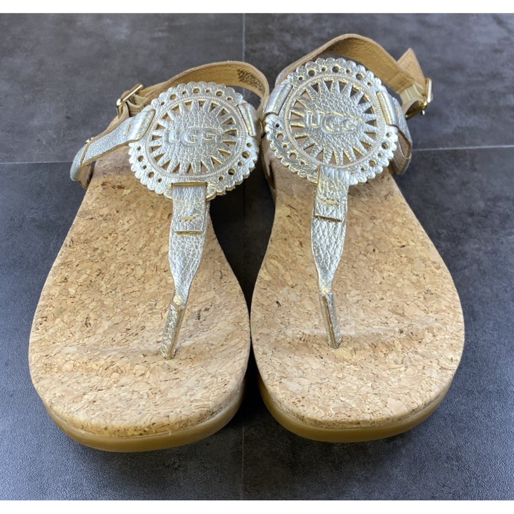 UGG Women's Ayden ll T-Strap Leather Gold Flat Thong Sandal Size 8.5
